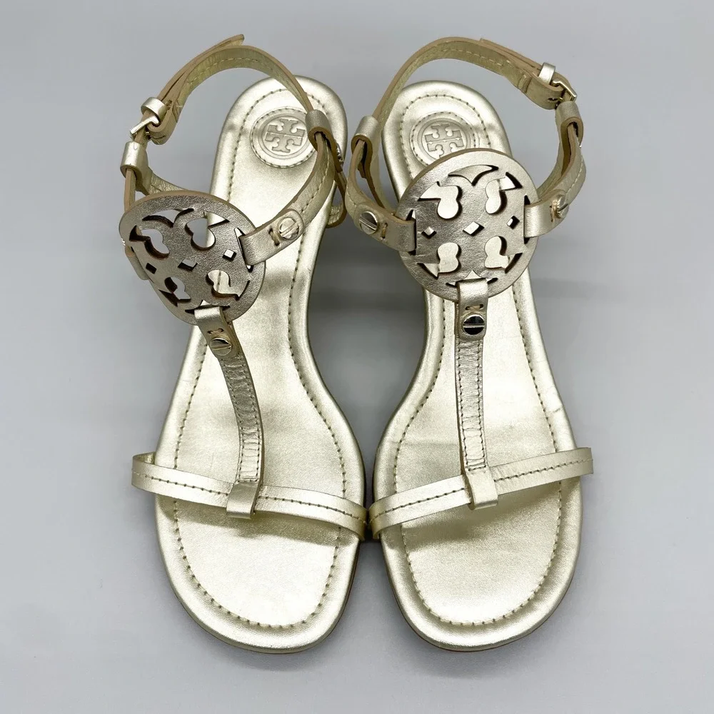 Tory Burch Miller T Strap Wedge Sandals Womens 7M Metallic Gold Leather Logo
